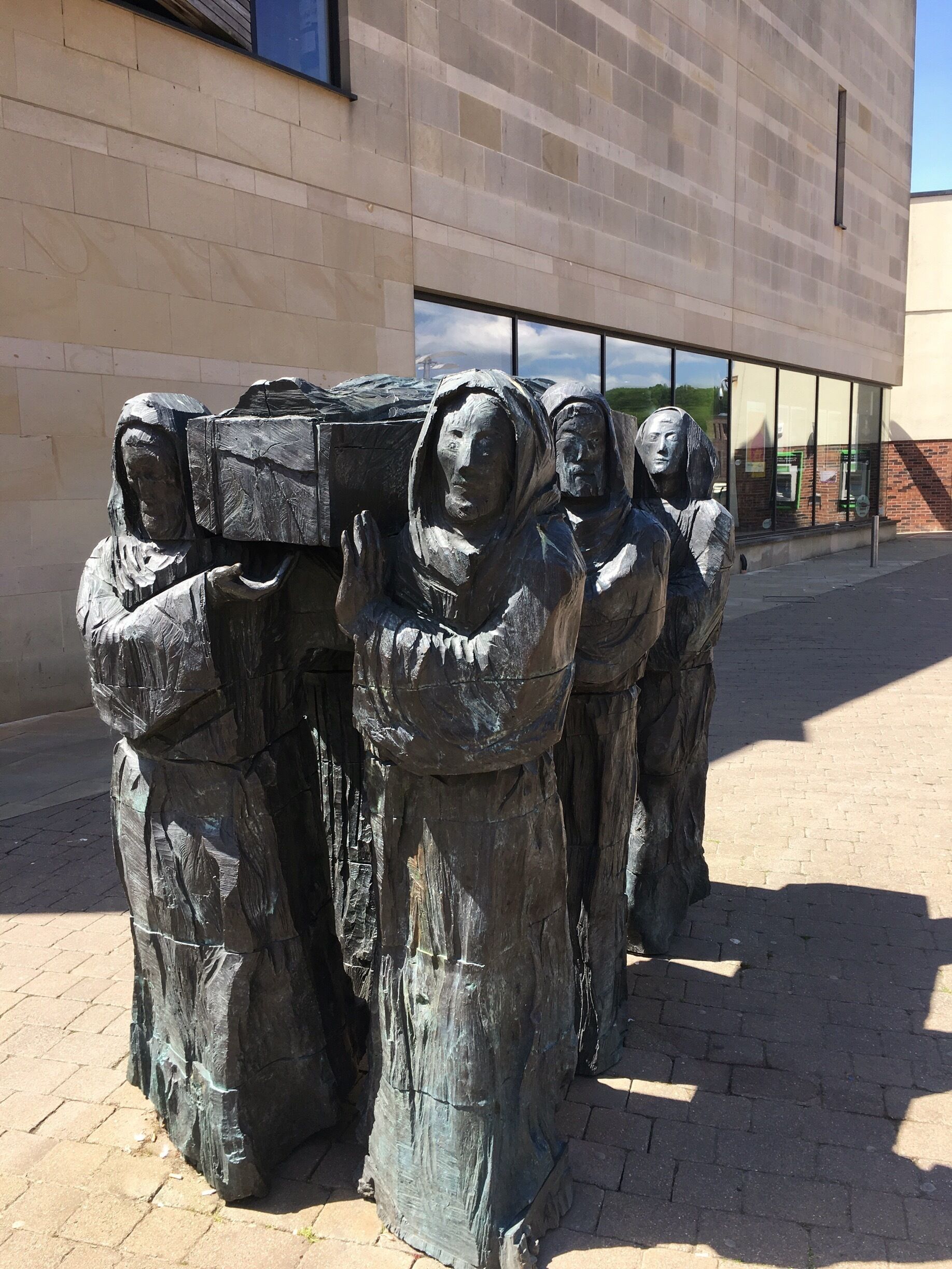 This is a statue of 'St Cuthberts Journey outside Durham Gala Theatre in Durham city