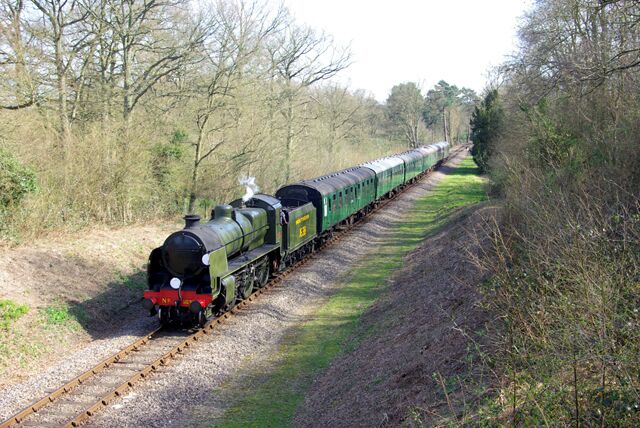 A green steam locomotive pulling passenger cars on a railway track surrounded by trees.
