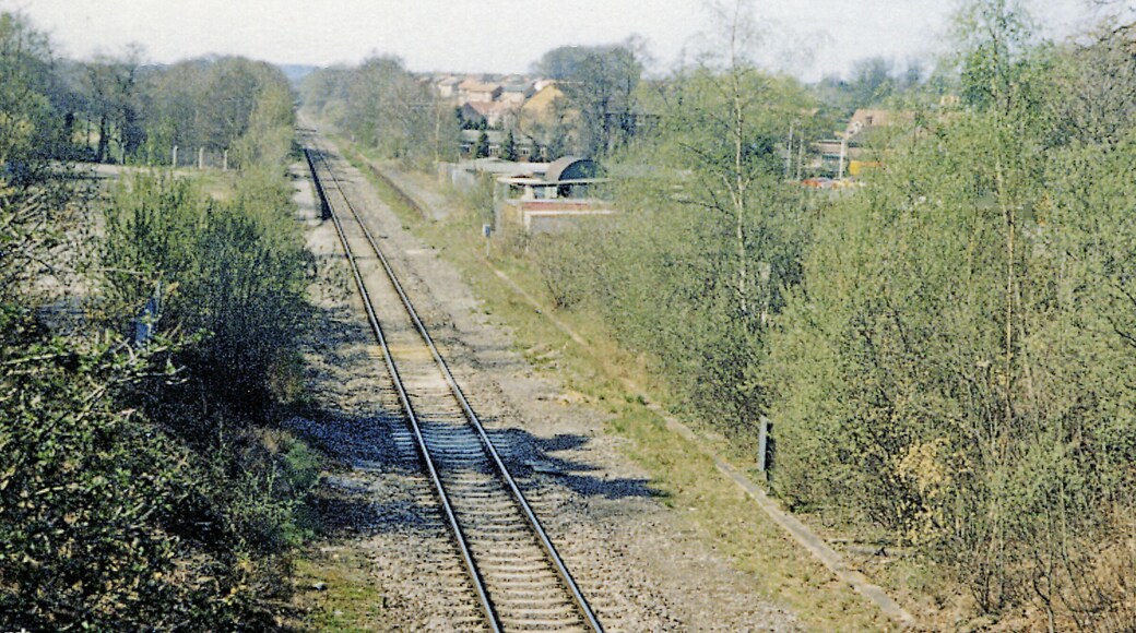 Chandler's Ford station (remains), 1984. View NW, towards Romsey and Salisbury: ex-LSWR Eastleigh - Romsey - Salisbury/Andover line. In the past it had been quite a busy line, especially for freight, but by 1984 is reduced to a single-line running only through to Salisbury, Romsey - Andover Junction having closed from 7/9/64. Chandlers Ford station was closed from 5/5/69, but as the area became increasingly populated, a new station was built, opening on 19/10/03, and a local service was re-introduced from Romsey - Eastleigh - Southampton