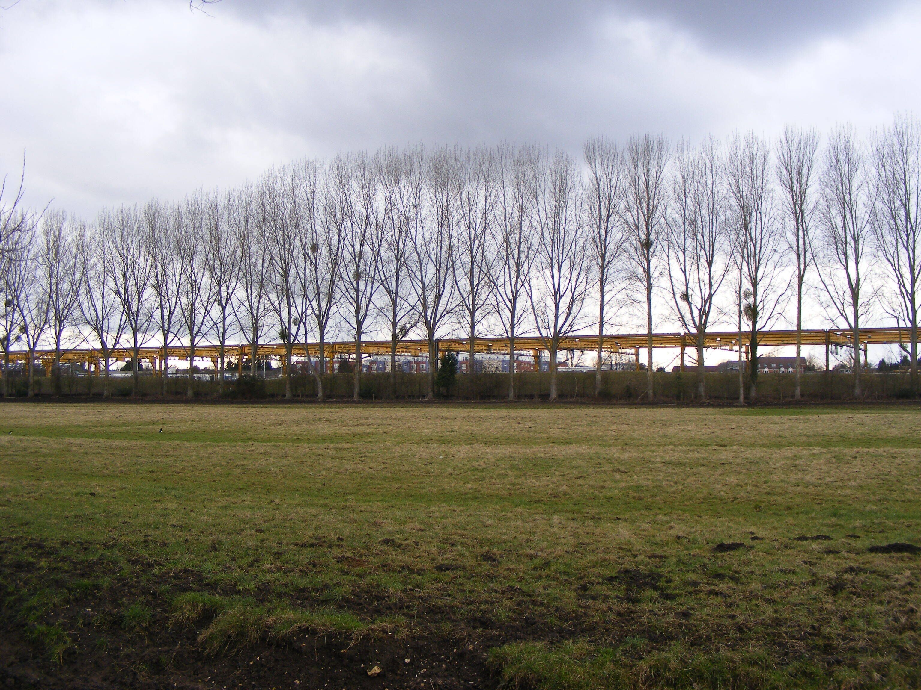 View of line of trees west from the Itchen Way The yellow superstructure beyond the line of trees is part of the Eastleigh rail yard.