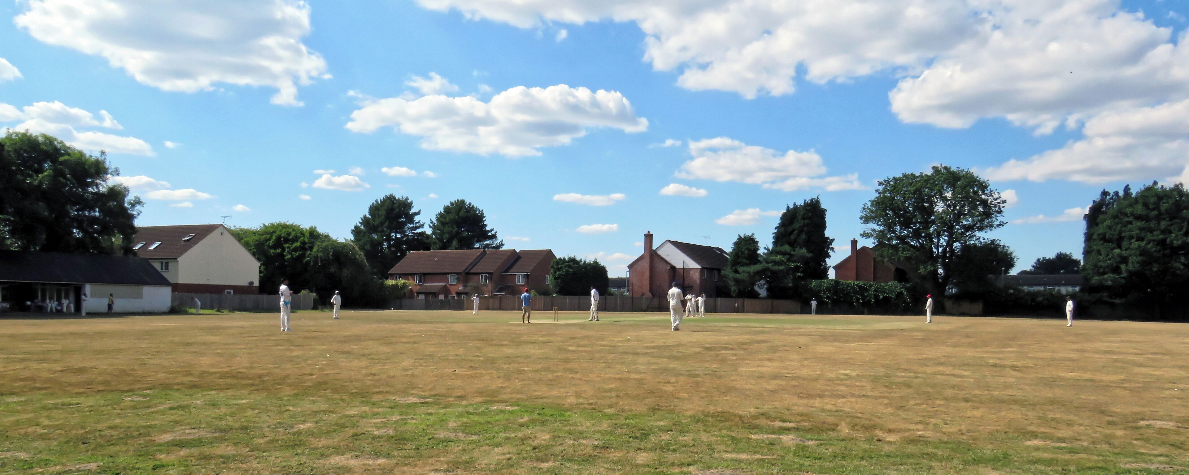 A cricket field with players, houses, and trees.