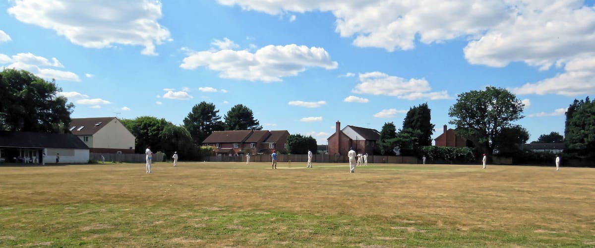 A cricket field with players, houses, and trees.