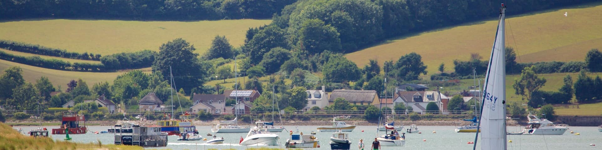 Exmouth som visar en strand, en kuststad och bÄtkörning