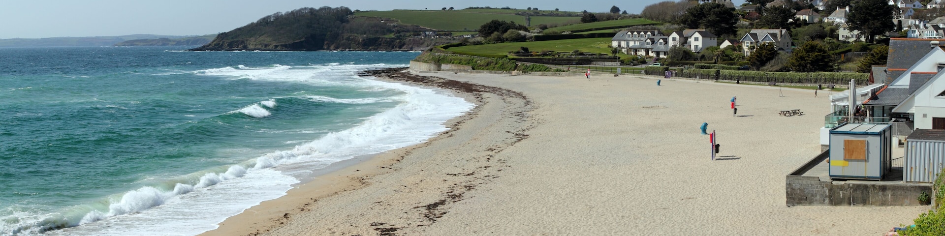 A coastal beach with waves, a sandy shore, and houses in the background.