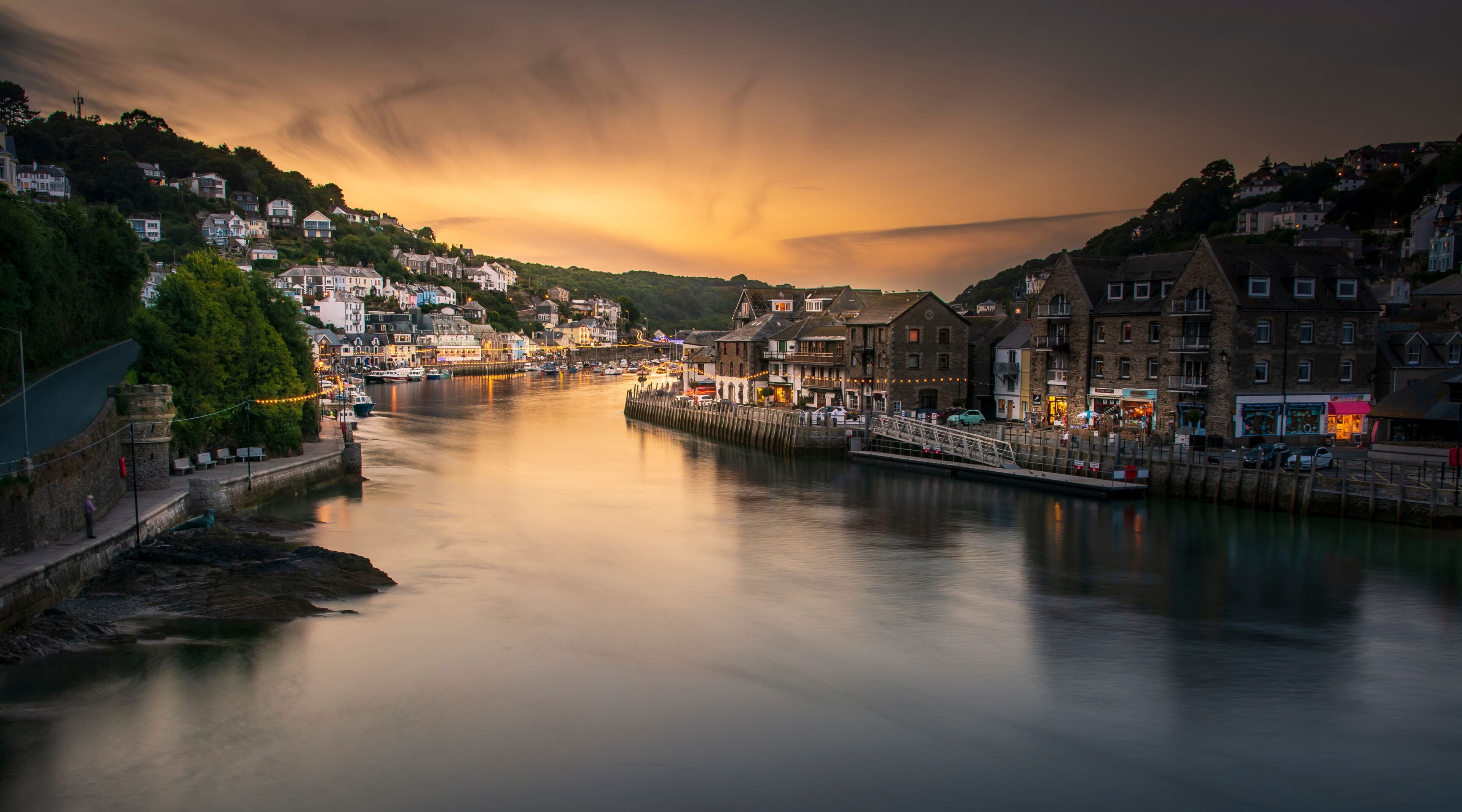 View into Looe Harbour at Sunset