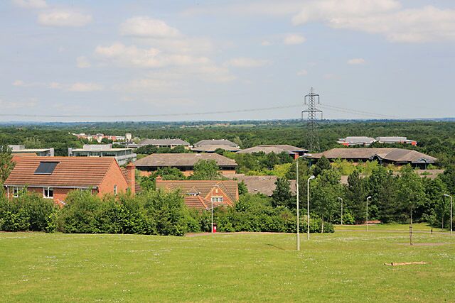 View across the roofs of Solent Business Park from the top of Leafy Lane, Whiteley The housing in foreground left is in Johnson View.