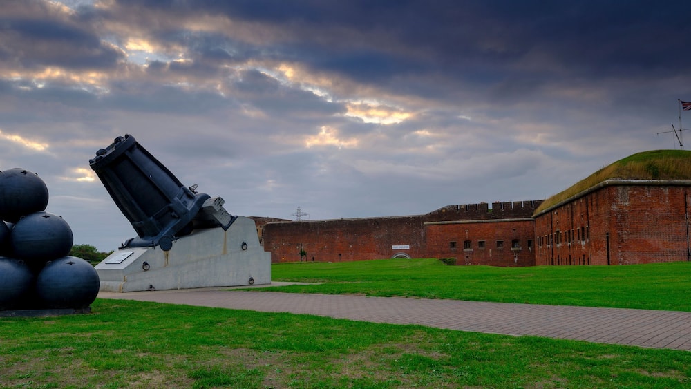 Panorama of Mallets Mortar in the front of Fort Nelson - a Royal Armouries museum - near Portsmouth, Hampshire, UK