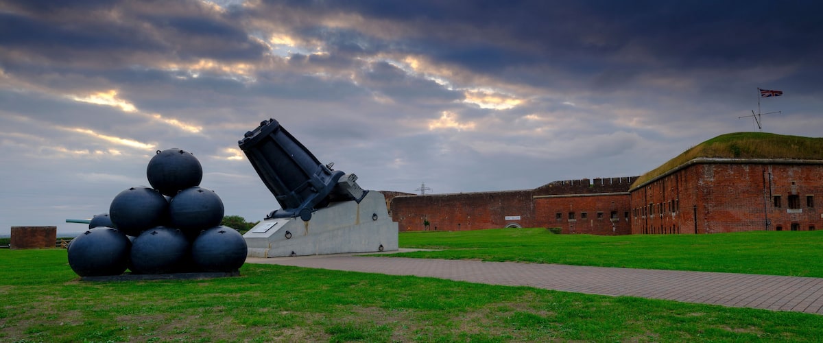 Panorama of Mallets Mortar in the front of Fort Nelson - a Royal Armouries museum - near Portsmouth, Hampshire, UK