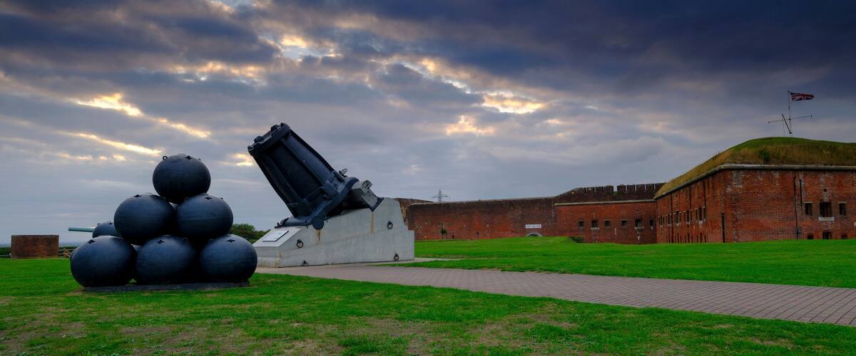 Panorama of Mallets Mortar in the front of Fort Nelson - a Royal Armouries museum - near Portsmouth, Hampshire, UK