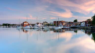 Uma marina com barcos atracados, edifícios e um corpo de água calma refletindo o céu.