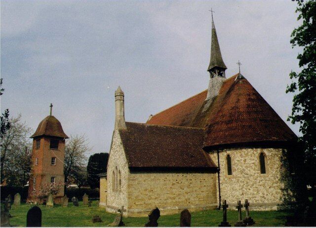 St Paul's parish church and (left) clock tower, Poyle Road, Tongham, Surrey, England, seen from the southeast