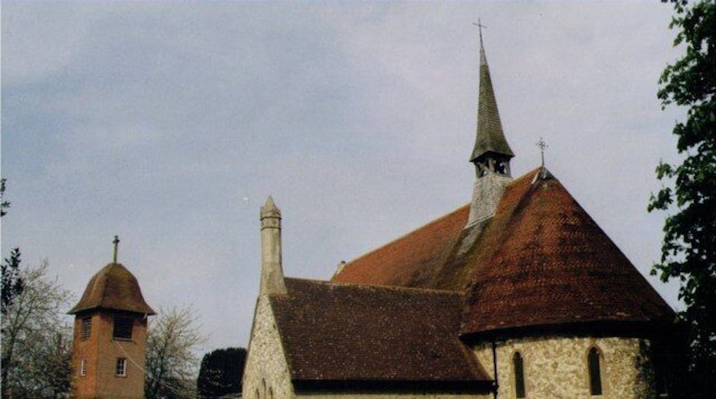 St Paul's parish church and (left) clock tower, Poyle Road, Tongham, Surrey, England, seen from the southeast