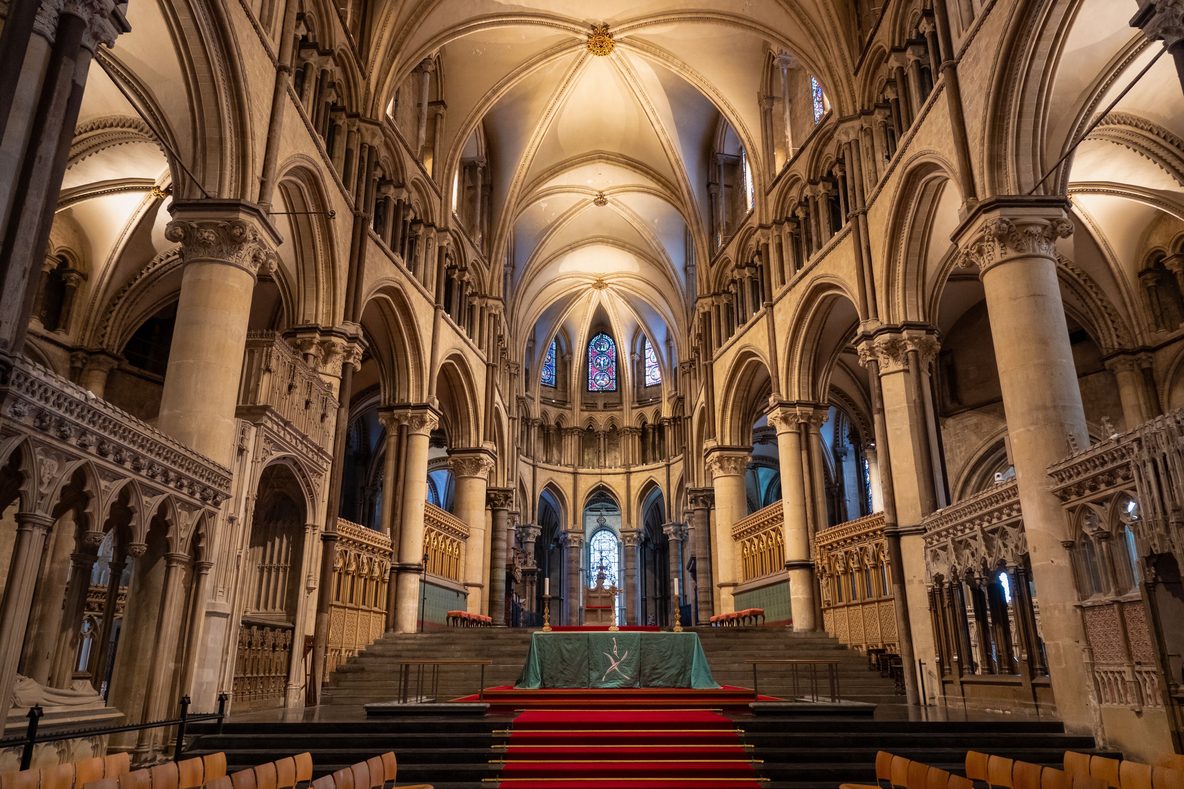 Main altar of Canterbury Cathedral among luxurious gothic architectural details