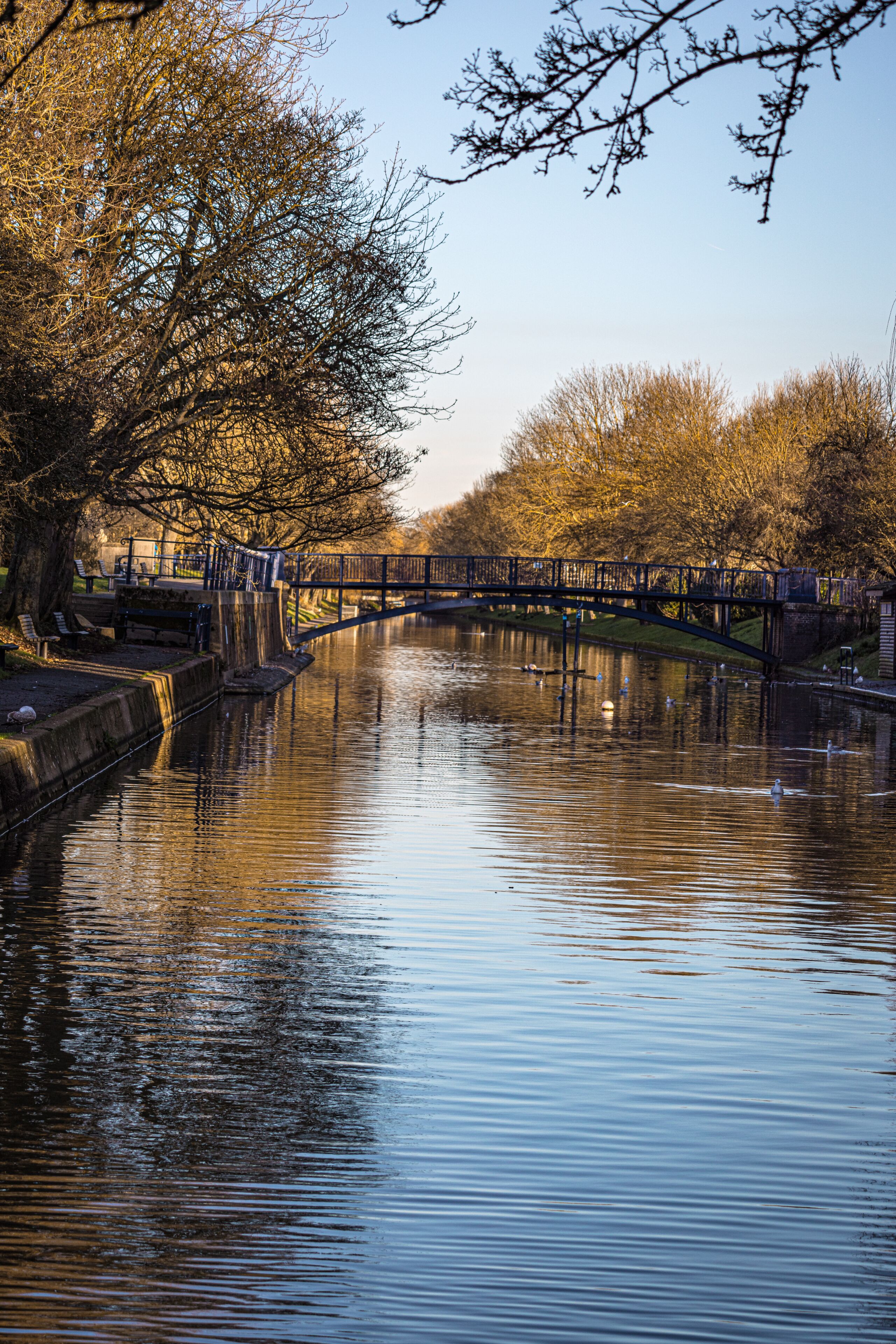 The Royal Military Canal in Hythe during the golden hour, Kent, England