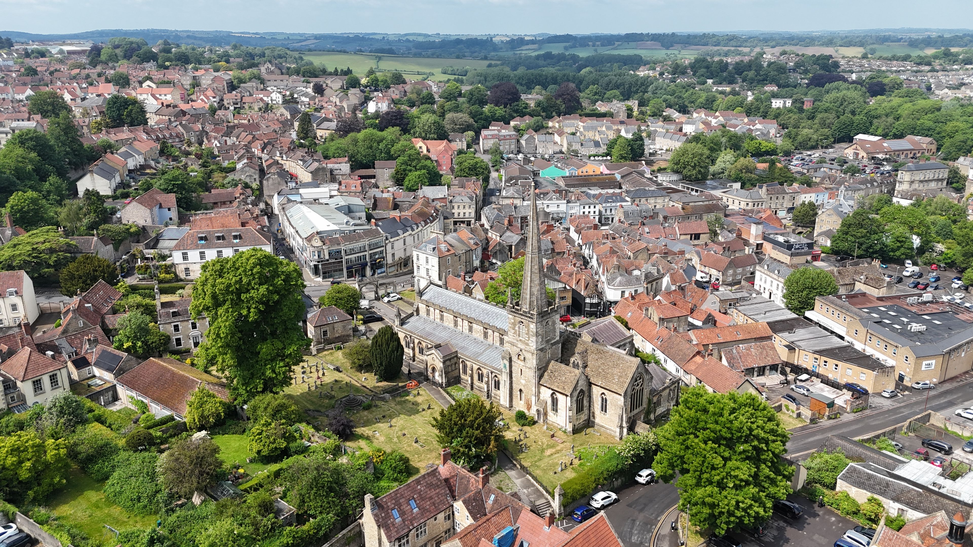 Frome town centre in Somerset UK drone,aerial .