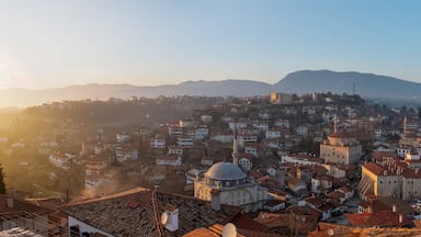 A cityscape with a prominent mosque, a hilltop fortress, and a mountain range in the background.