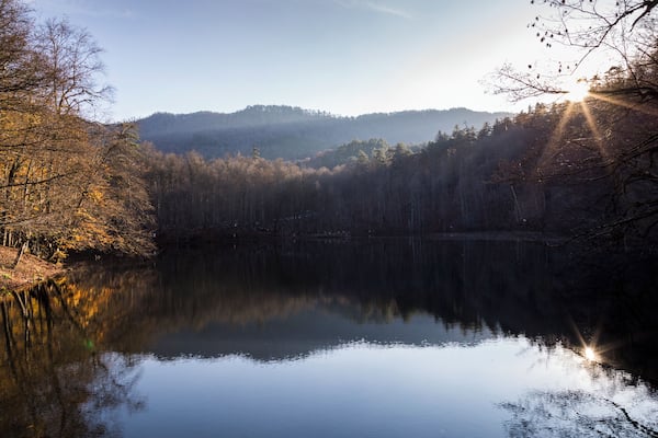 A calm lake surrounded by autumn trees and a misty mountain in the background.