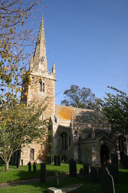 St.Nicholas' church, Barkston, Lincs. A fine, crocketed Perpendicular spire on a 13th century tower.
