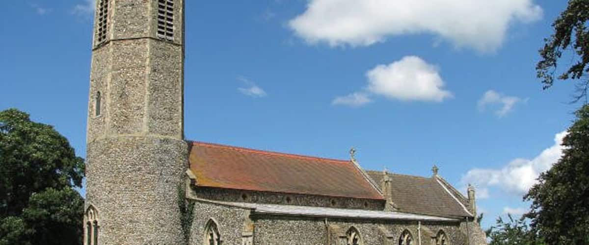 St George's Church, Rollesby, Great Yarmouth district, Norfolk. St George's church has a round tower with an octagonal upper section and dates mainly from the 14th century but there was an extensive restoration during the 19th century and there are not many older survivals > 855371 - 855388. The font > 855390 is C19, the east window is by Powell & Sons (d. 1922). A C17 monument - to Rose Claxton, who died in 1601 - is located beside the high altar but only the tomb chest and effigy remain > 855385. The C17 monument to Leonard Mapes of Beeston (next Norwich), depicting the deceased with his wife and children, was executed in alabaster > 855380. A curious cubicle is located in the southeastern corner of the sanctuary; it has two entries and might have served as a sacristy > 855374. The church is kept locked but a key is available. For more information see: http://www.norfolkchurches.co.uk/rollesby/rollesby.htm