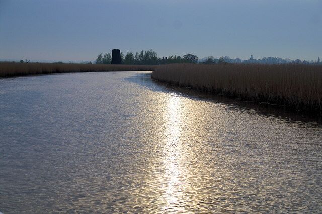 River Bure near Six Mile House An evening view up the Bure towards Six Mile House drainage mill.