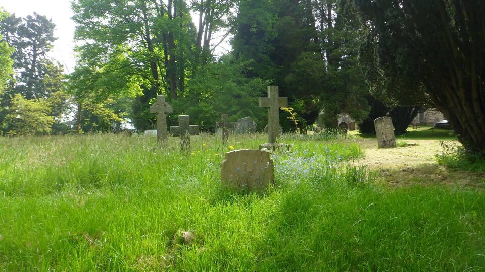 A cemetery with stone crosses and headstones, surrounded by lush greenery and trees.