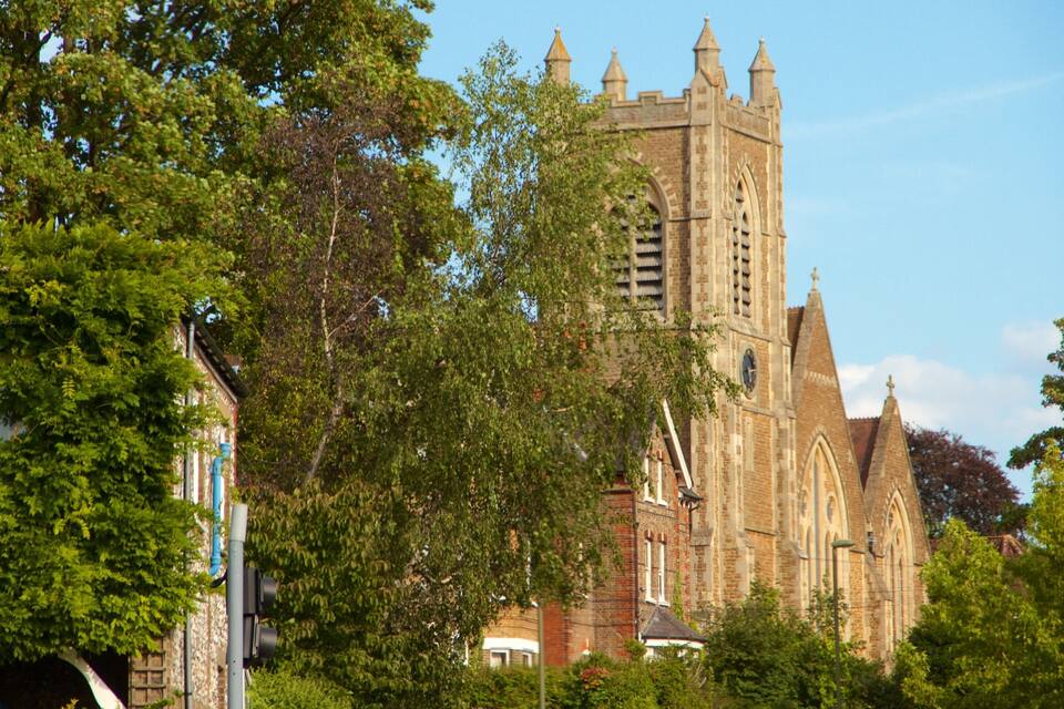 A historic church with a tall spire and intricate architecture, surrounded by lush green trees.