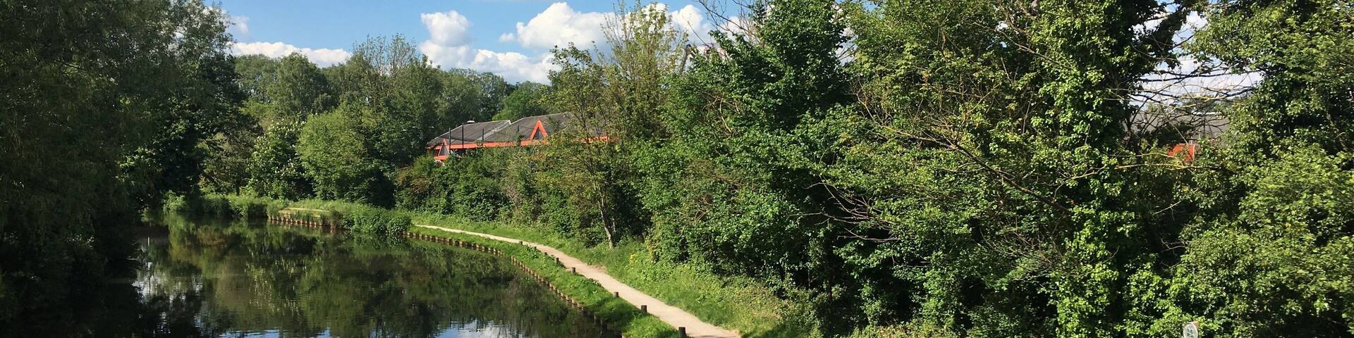A calm river with a walking path alongside, surrounded by lush greenery and trees.