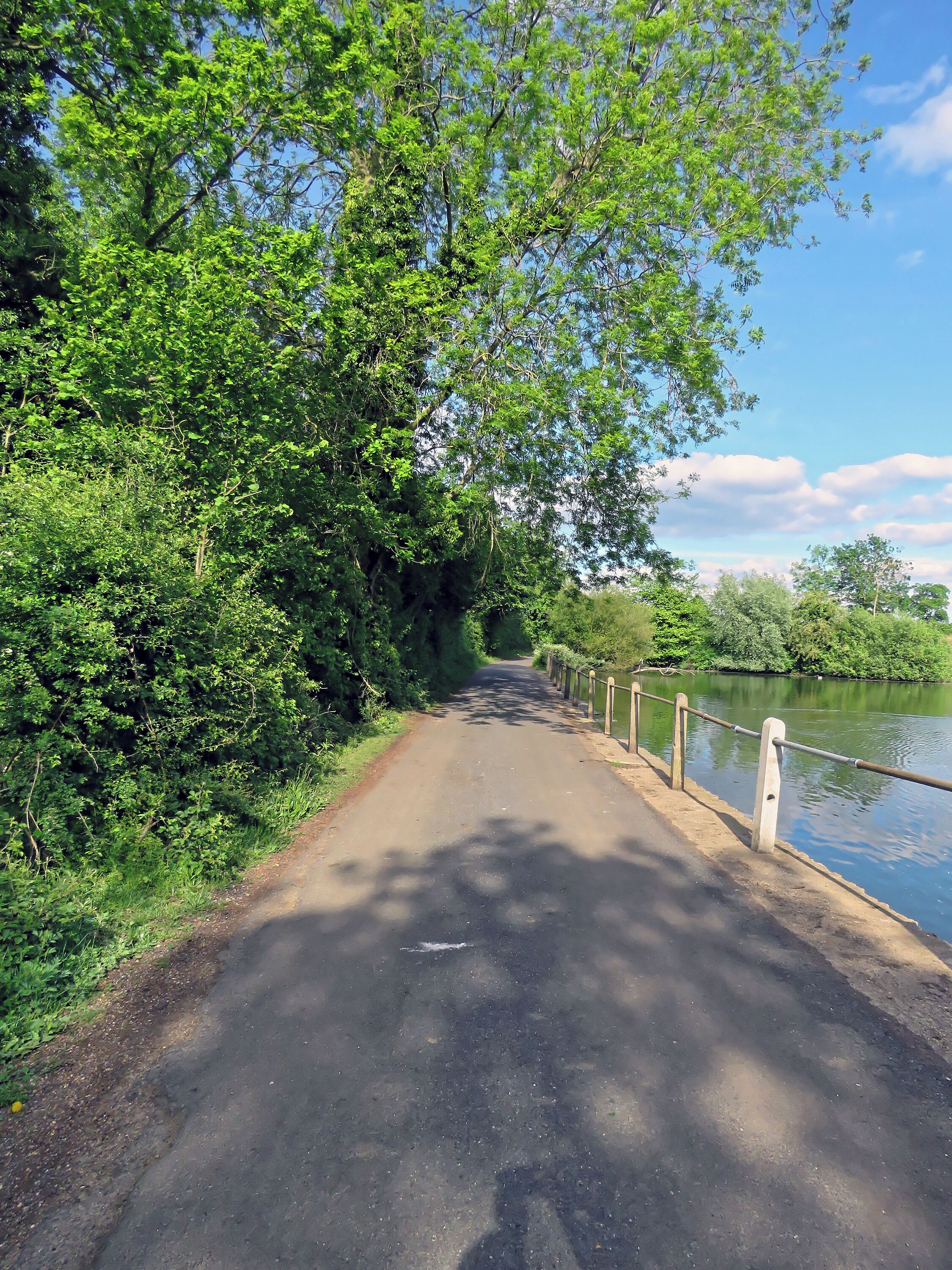 The access road running northeast away from St Mary's Parish Church, with concrete post and scaffolding barrier against an estate mid-19th-century artificial fishing lake, in the civil parish of Matching, in Essex, England. Camera: Canon PowerShot SX60 HS Software: File lens-corrected, optimized, perhaps cropped, with DxO OpticsPro 11 Elite, and likely further optimized with Adobe Photoshop CS2.