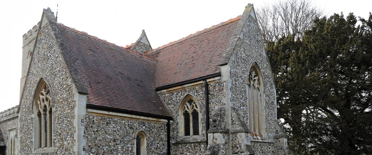 View from the churchyard towards the south-east of the south transept and chancel of the Grade: II* listed early 13th-century St Mary the Virgin parish church of Matching, Essex, England. Software: file lens-corrected and optimized with DxO OpticsPro 10 Elite and Viewpoint 2, and further optimized with Adobe Photoshop CS2.