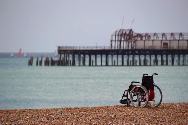 April 2014
A seemingly abandoned wheelchair sitting on Hastings beach in front of the burnt out remains of the town's pier.
#BeachBound