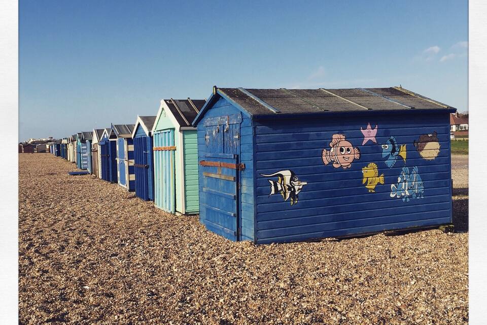 A row of colorful beach huts with cartoon fish painted on them.