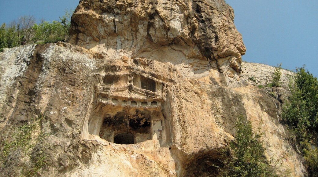 The Lonely Planet said go take in the stunning views from Boztepe (top) out of town, so we did. And we found a tomb in the hillside.