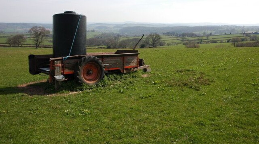 Farmland to the south of Wern William Farm, near Upper Maes-Coed, Herefordshire, Great Britain. This old muck spreader has assumed a new life, that of a water carrier. Immediately to the east of this spot the 1/25,000 OS map indicates a wood, however the land is now a field.