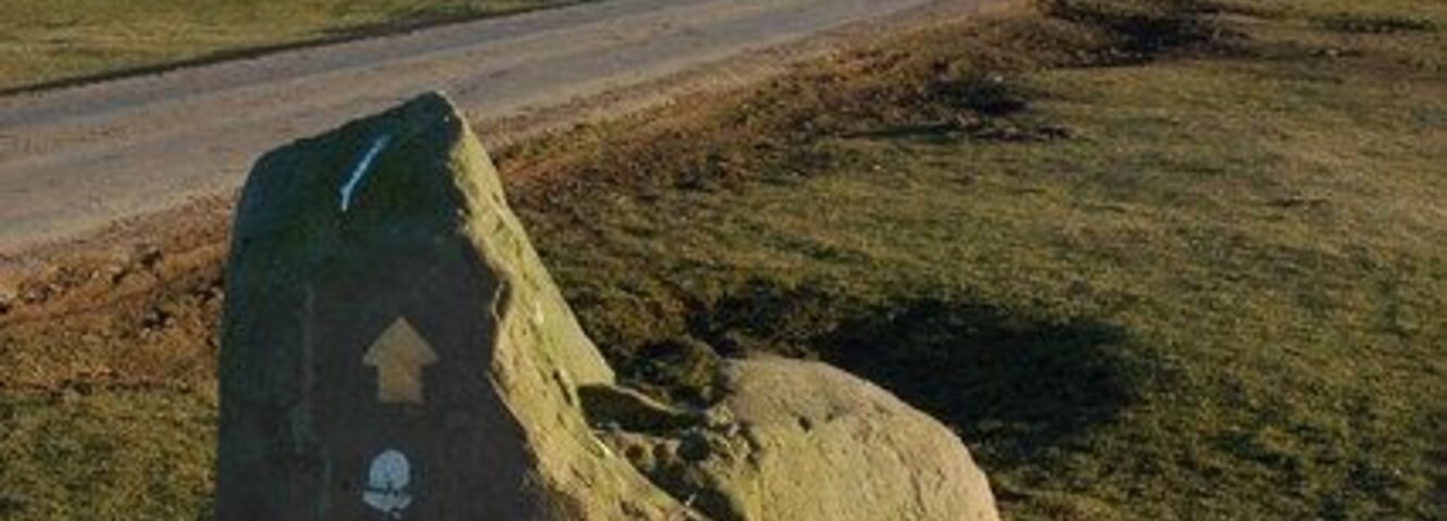 Un camino sinuoso, una gran roca con un montículo de piedras y una montaña nevada al fondo.