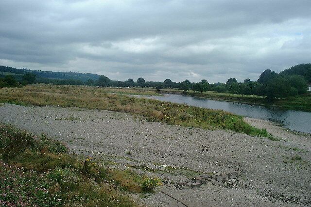 Un río con una orilla arenosa y zonas verdes.