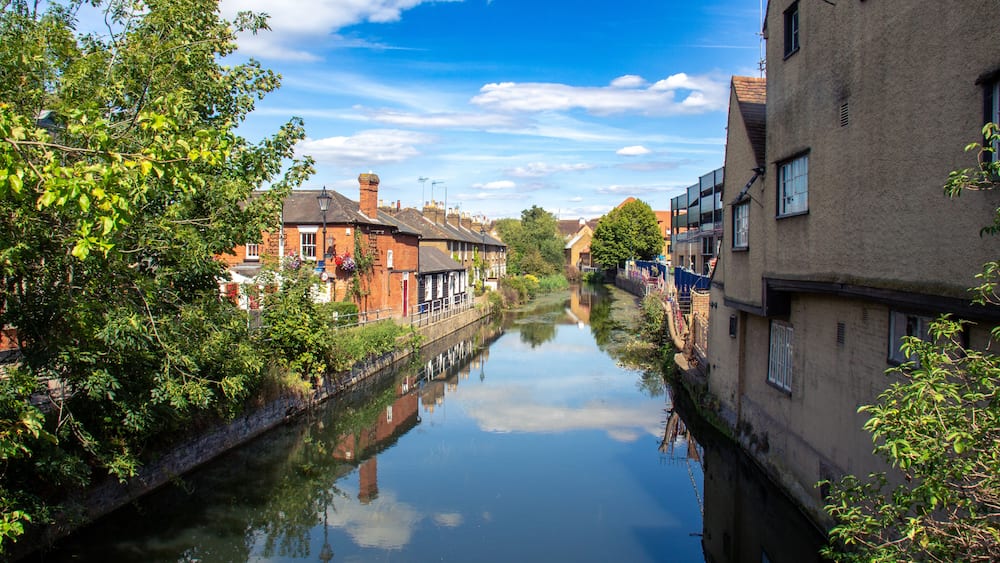 View from a bridge on the River Lee at Hertford, Hertfordshire