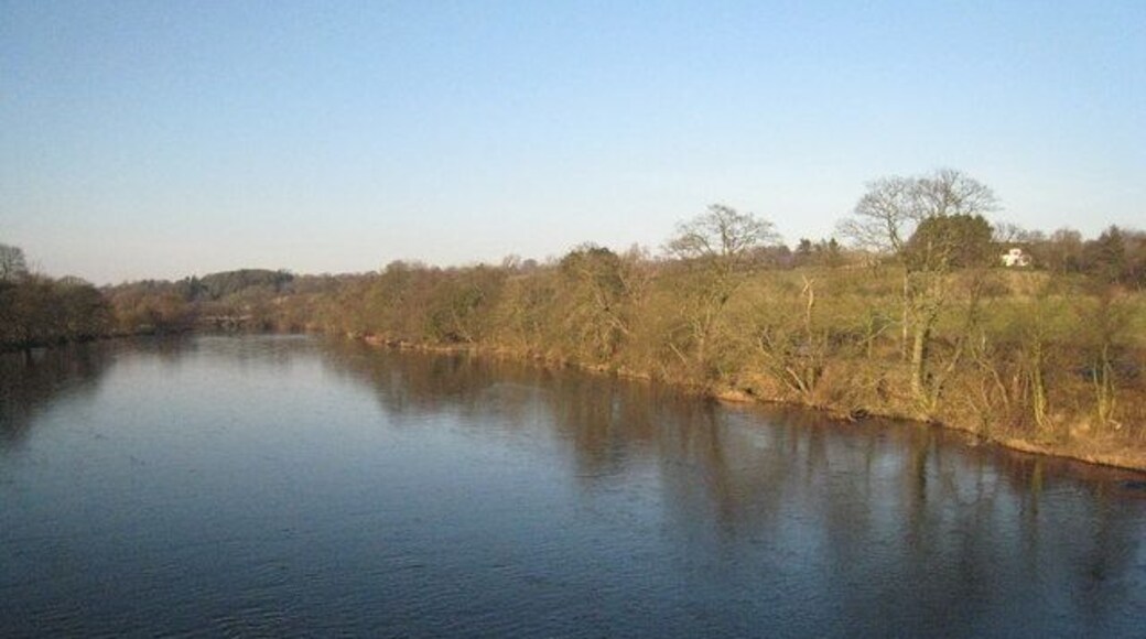 View north from Wark Bridge This photograph shows a view of the River North Tyne as it flows in a southerly direction from Kielder reservoir pass the small village of Wark in Northumberland. The picture was taken from Wark Bridge looking in a northerly direction towards Gold Island.