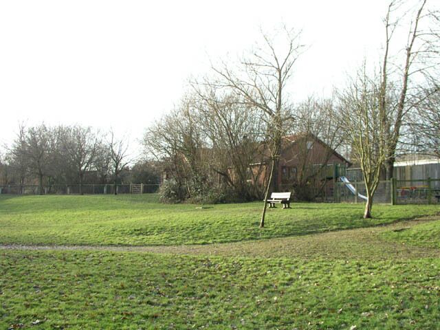 A grassy field with a bench, trees, and a building in the background.