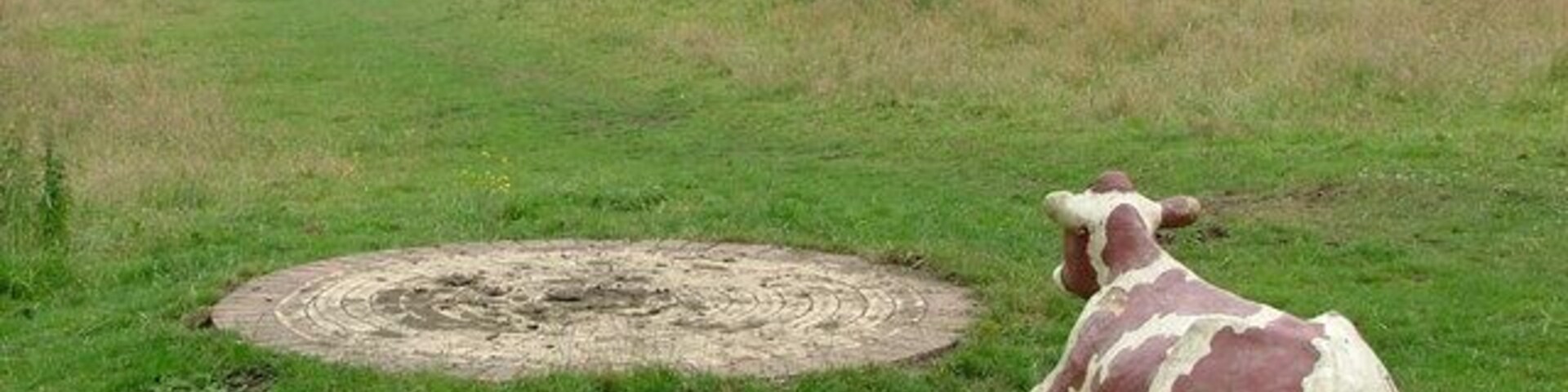 Escultura de vaca em um campo gramado com um padrão circular no centro e árvores ao fundo.