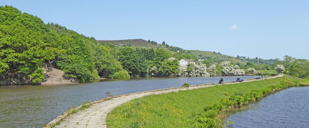 A river with a paved walkway, lush greenery, and a few people in the distance.