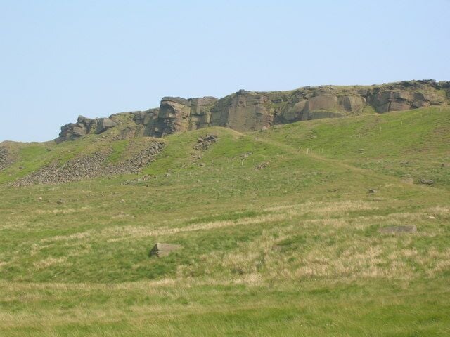 Shooters' Nab. The eastern end of the rocks which stand at the northern end of Meltham Moor overlooking the Colne valley.
