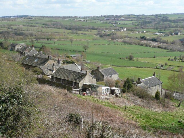 Houses, Near Bank, Shelley Seen from Huddersfield Road, as part of a panoramic view over the upper Fenay Valley