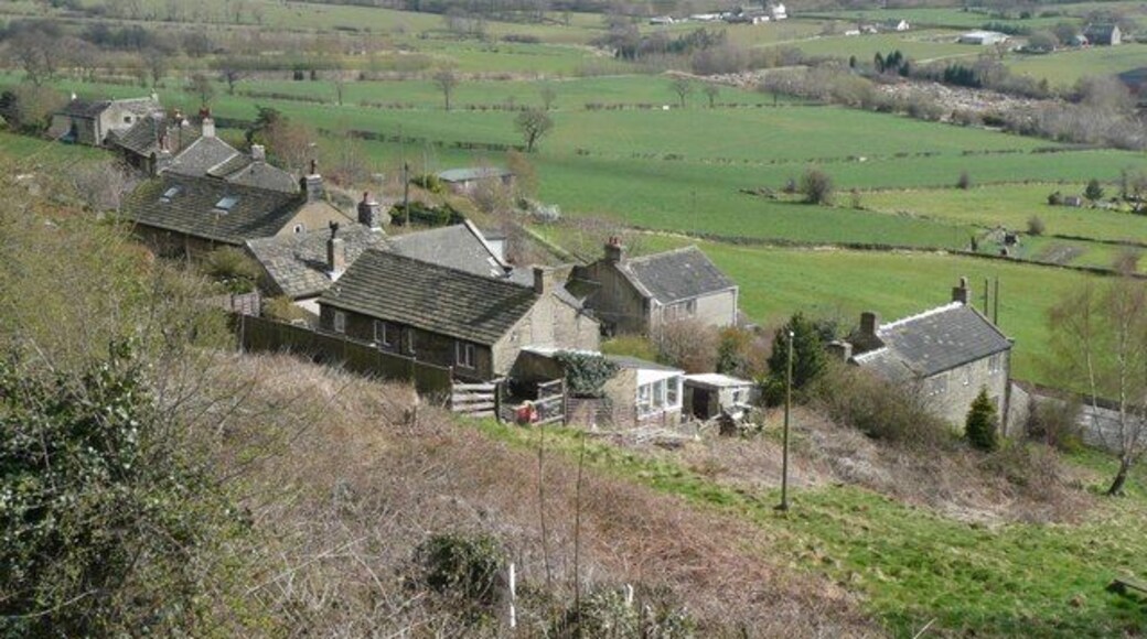 Houses, Near Bank, Shelley Seen from Huddersfield Road, as part of a panoramic view over the upper Fenay Valley