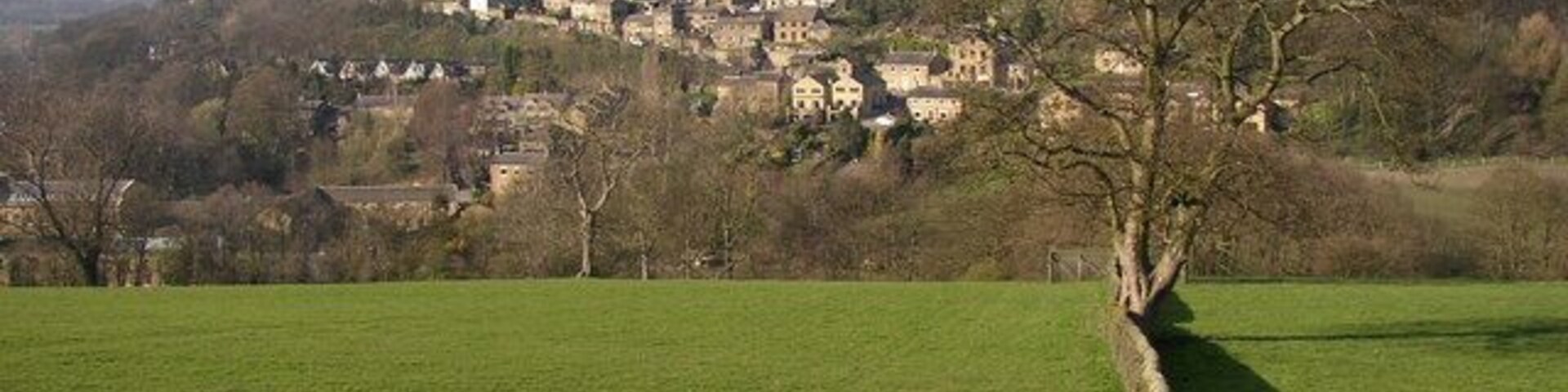 View from Riley Lane, Kirkburton The field slopes down towards the valley of Dean Bottom Dike. Highburton is on the hillside in the background (in SE1913).