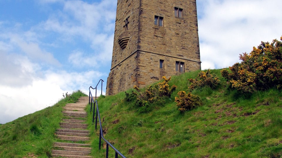 A stone tower with a staircase leading up to it, surrounded by grass and bushes.