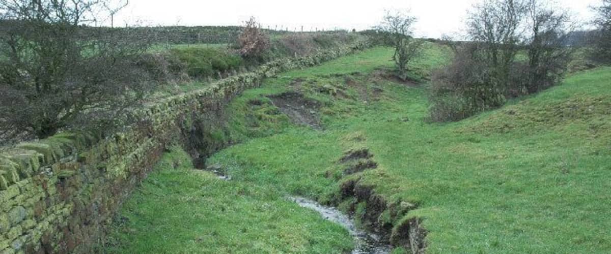 A narrow stream flowing through a grassy field, bordered by stone walls and trees.