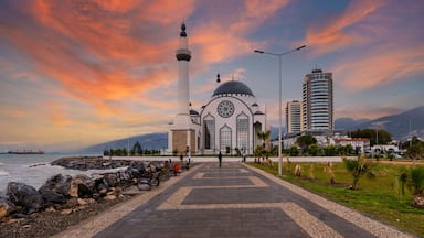 A mosque with a minaret, a modern building, and a coastal view.