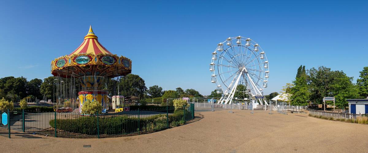 The Garden Wheel and a carousel at Wicksteed Park in Kettering, UK