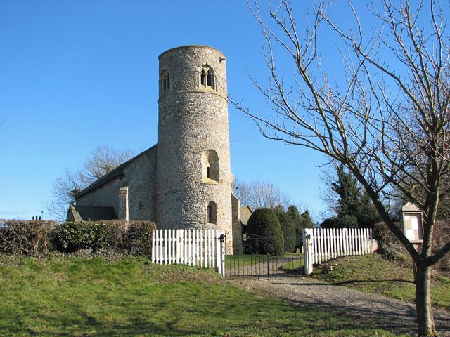 St Mary's church in Gayton Thorpe. St Mary's church > 1745958 is situated on a slight elevation immediately south-east of the village pond > 1745924. Its round tower, believed to be Saxon, has a 12th century top with Norman bell openings. The chancel > 1745960 dates from the 13th century and the nave was added a century later. The church houses one of only 40-odd seven sacrament fonts > 1745968 in East Anglia.