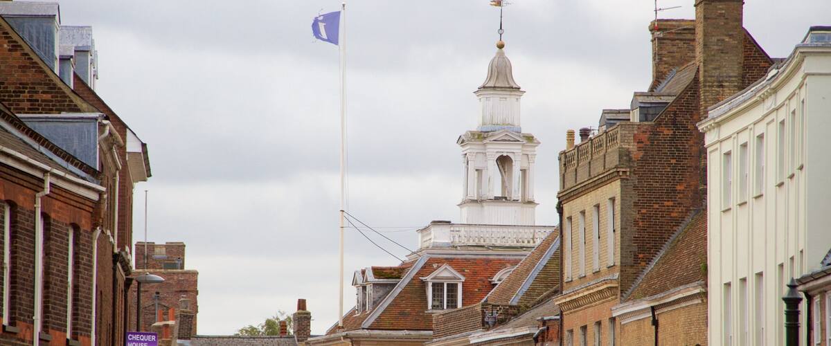 A historic street with traditional architecture, including a prominent church steeple and a flagpole.